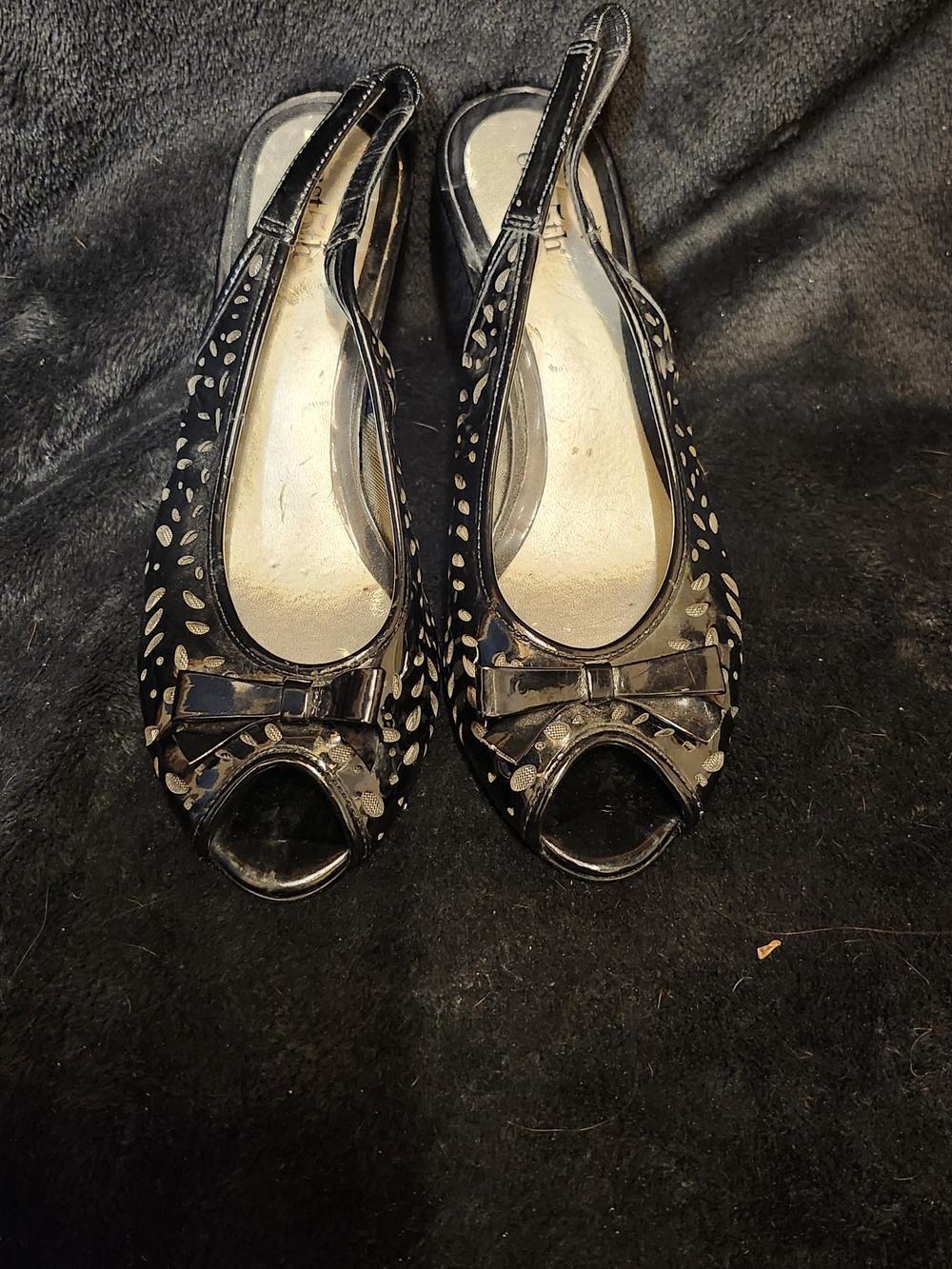 East 5th Black Peep-Toe Slingback Flats with Bow Accent